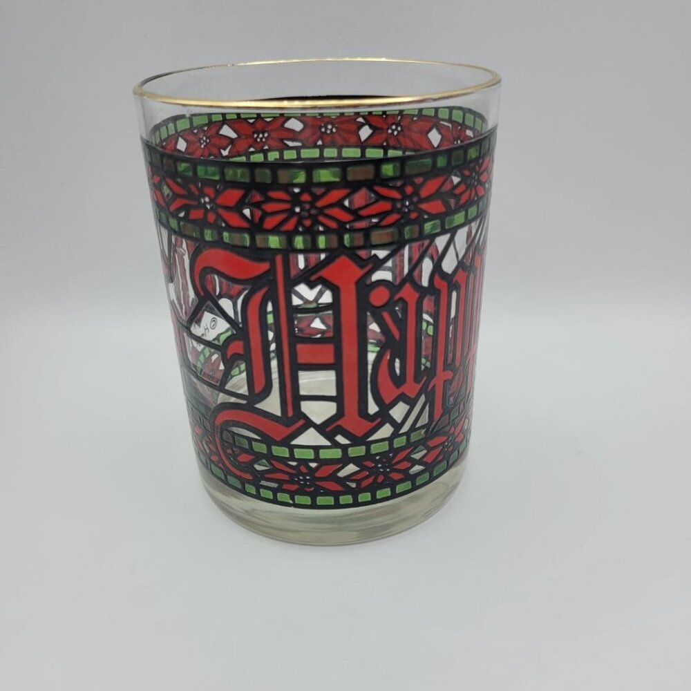 Houze Happy‎ Holidays Stained Glasses Cups Red Green Gold Poinsettia Christmas
